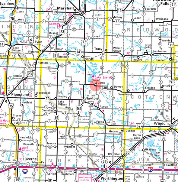 Minnesota State Highway Map of the Currie Minnesota area