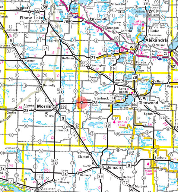 Minnesota State Highway Map of the Cyrus Minnesota area 