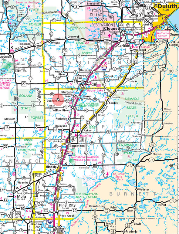 Minnesota State Highway Map of the Denham Minnesota area 