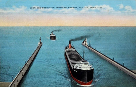 Iron Ore Freighter Entering Harbor, Duluth Minnesota, 1940's