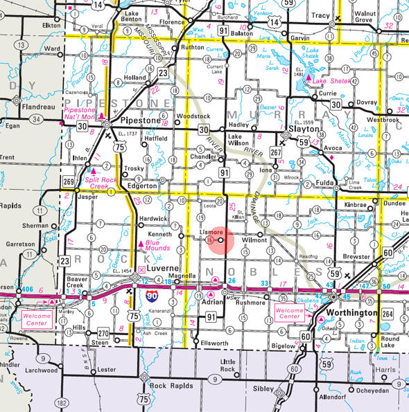 Minnesota State Highway Map of the Lismore Minnesota area