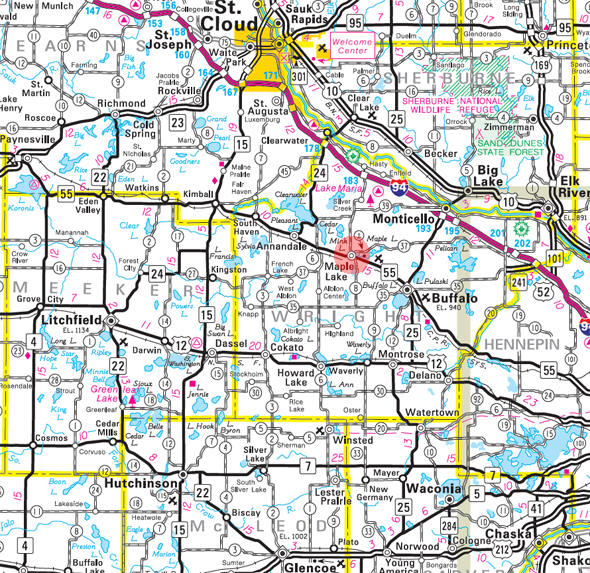 Minnesota State Highway Map of the Maple Lake Minnesota area 