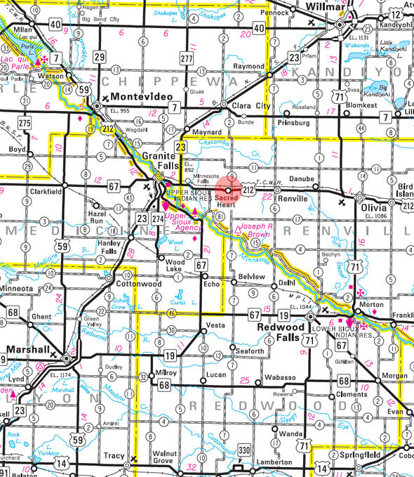 Minnesota State Highway Map of the Sacred Heart Minnesota area 