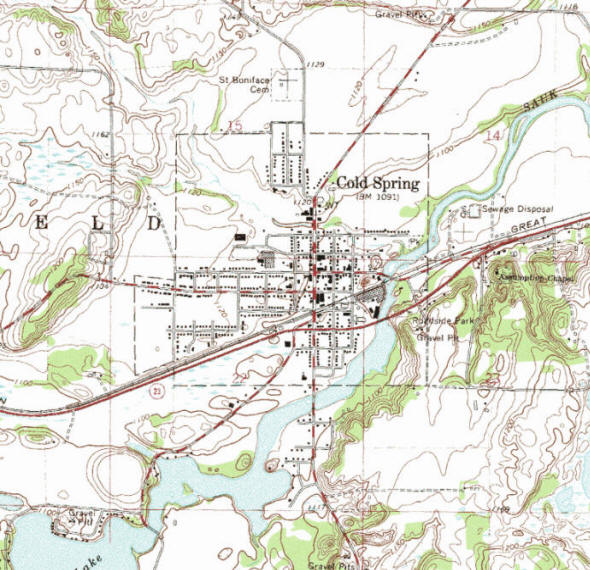 Topographic map of the Cold Springs Minnesota area