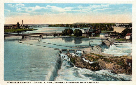 Bird's eye view of Little Falls, showing Mississippi River and dams, 1920