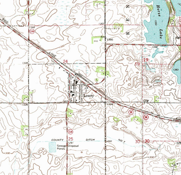 Topographic map of the Lowry Minnesota area