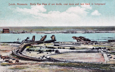 Birds eye view of the ore docks, coal docks, and racetrack in foreground, Duluth Minnesota, 1910