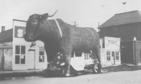 Babe the Blue Ox as he rode on an International Truck 1937-1939.