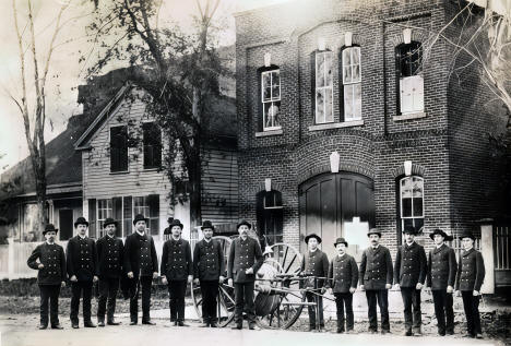 Fire department in front of fire station on Fourth and Potter Streets, Red Wing Minnesota, 1888