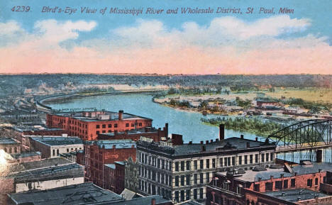 Birds eye view of the Mississippi River and the Wholesale District, St. Paul, Minnesota, 1914