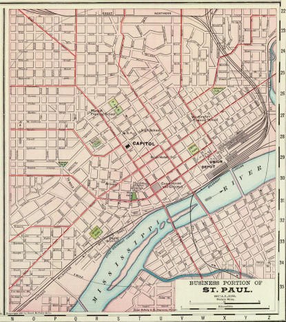 Map of the Downtown St. Paul, Minnesota area, includes trolley lines, 1897