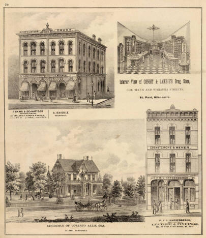 Temme & Schnittger, Manufacturers, A. Stierle Pharmacy, L. Allis residence, Condit & Lambie's Drug Store, P.R.L. Hardenbergh, Leather & Findings, St. Paul, Minnesota, 1874