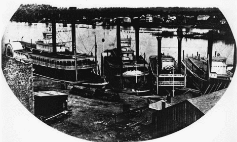 St. Paul Landing, Boats from l to r: Grey Eagle, Frank Steele, Jeanette Roberts, Time and Tide, 1857