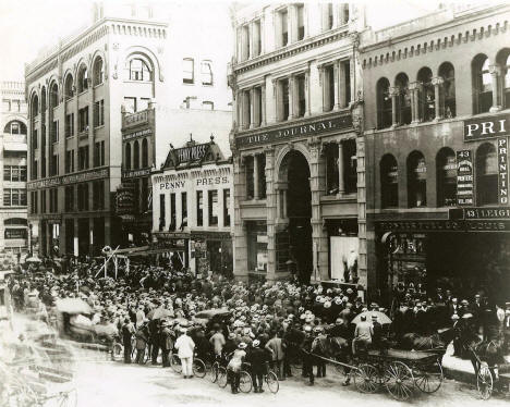 "Newspaper Row", on 4th Street between Nicollet and 1st Avenue South (now Marquette Avenue), Minneapolis Minnesota, 1897