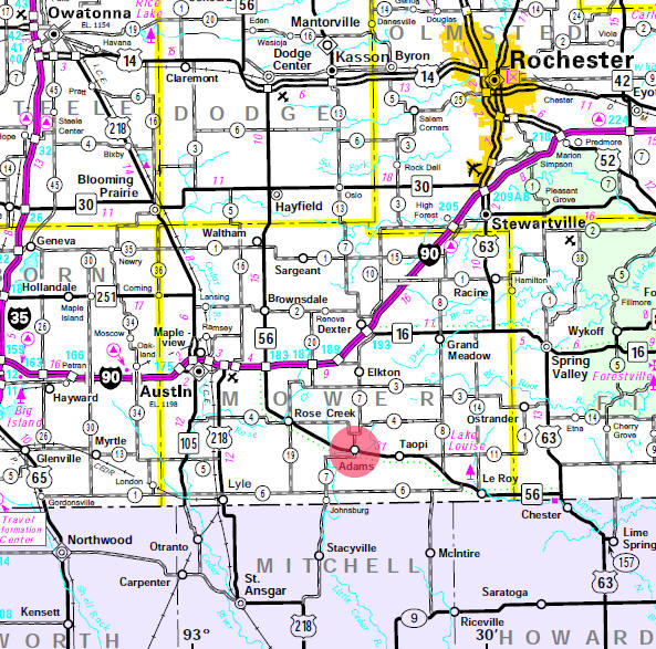 Minnesota State Highway Map of the Adams Minnesota area
