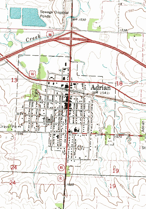 Topographic map of the Adrian Minnesota area