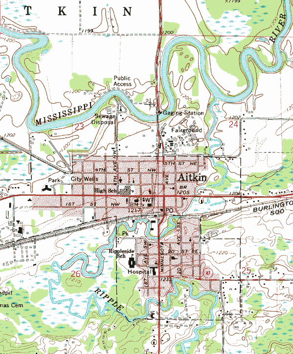 Topographic map of the Aitkin Minnesota area