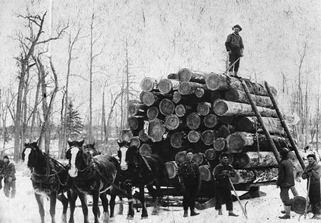 Loading logs at the Corner and Wilson logging company near Akeley, 1900