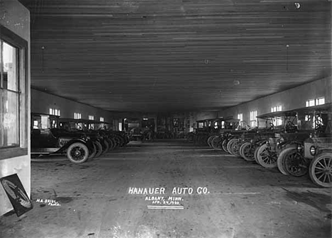 Garage interior, Hanauer Auto Company, Albany Minnesota, 1920