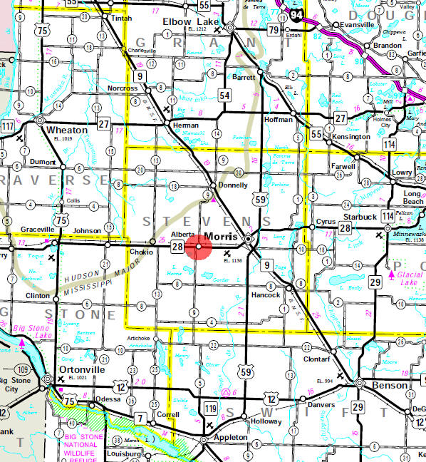 Minnesota State Highway Map of the Alberta Minnesota area