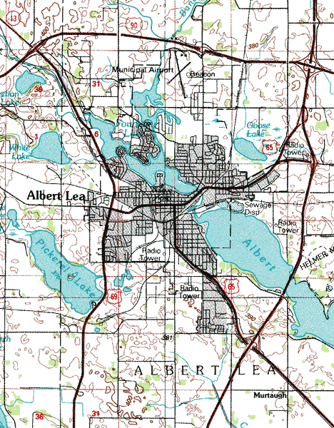 Topographic map of the Albert Lea Minnesota area