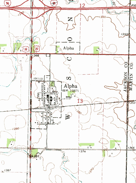 Topographic map of the Alpha Minnesota area