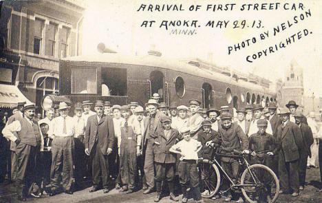 Arrival of first street car at Anoka, May 29th, 1913