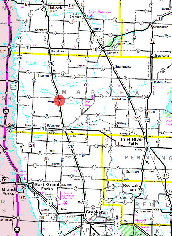 Minnesota State Highway Map of the Argyle Minnesota area