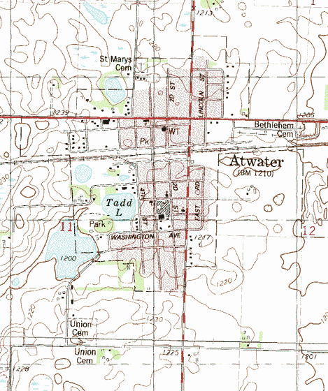 Topographic map of the Atwater Minnesota area