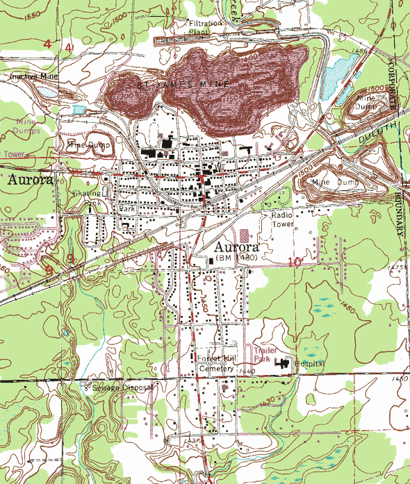 Topographic map of the Aurora Minnesota area