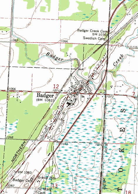 Topographic map of the Badger Minnesota area