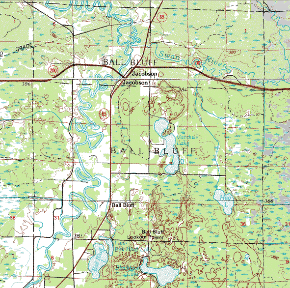 Topographic map of the Ball Bluff Minnesota area