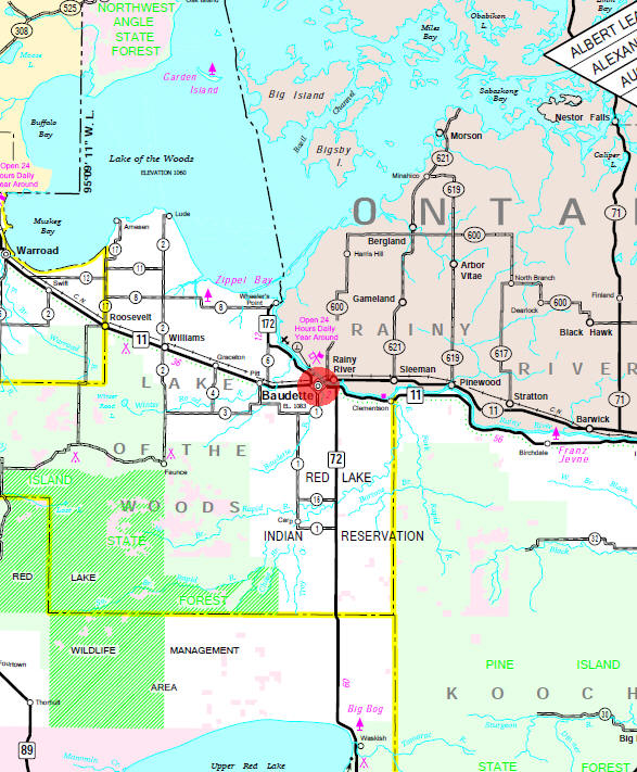 Minnesota State Highway Map of the Baudette Minnesota area