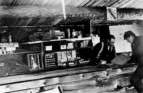 Lumberjack looking at a shirt in the camp store, Pine Island area, Big Falls, 1900