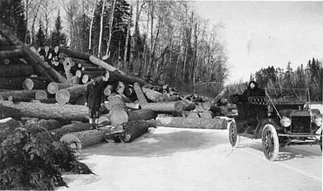 Man and woman in car examining the logs piled on the shore of the Big Fork River, Big Falls Minnesota, 1919