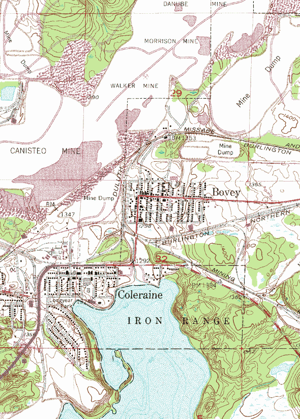 Topographic map of the Bovey Minnesota area