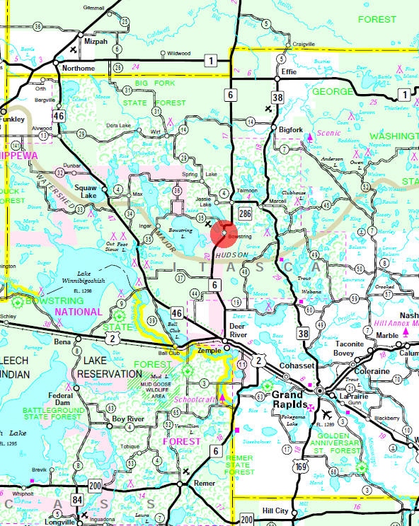 Minnesota State Highway Map of the Bowstring Minnesota area