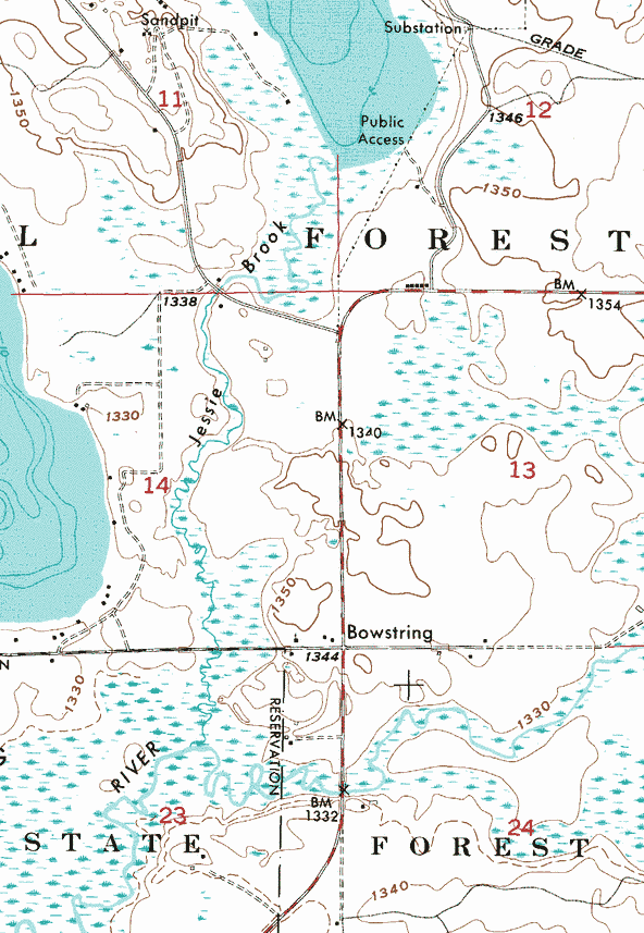 Topographic map of the Bowstring Minnesota area