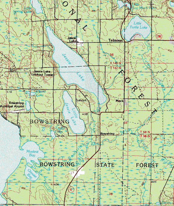 Topographic map of the Bowstring Minnesota area