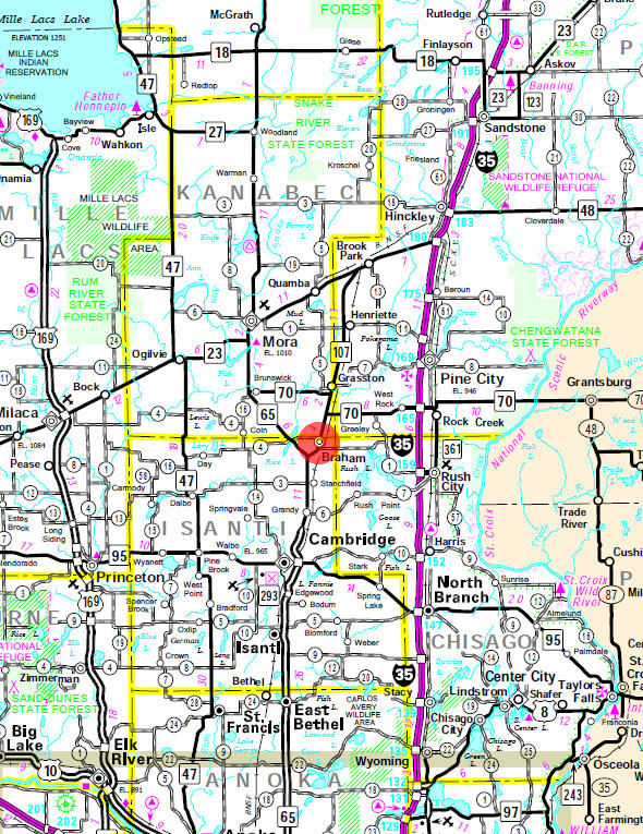 Minnesota State Highway Map of the Braham Minnesota area