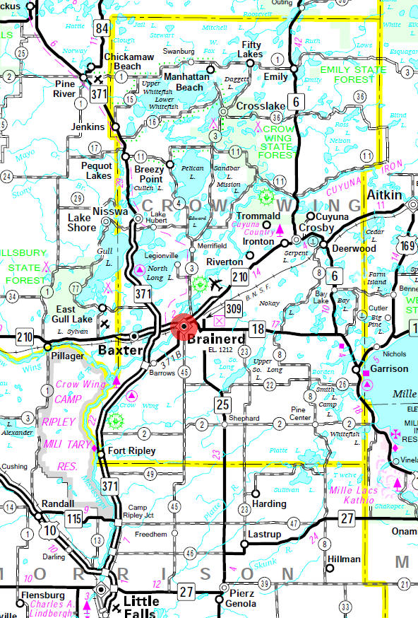 Minnesota State Highway Map of the Brainerd Minnesota area