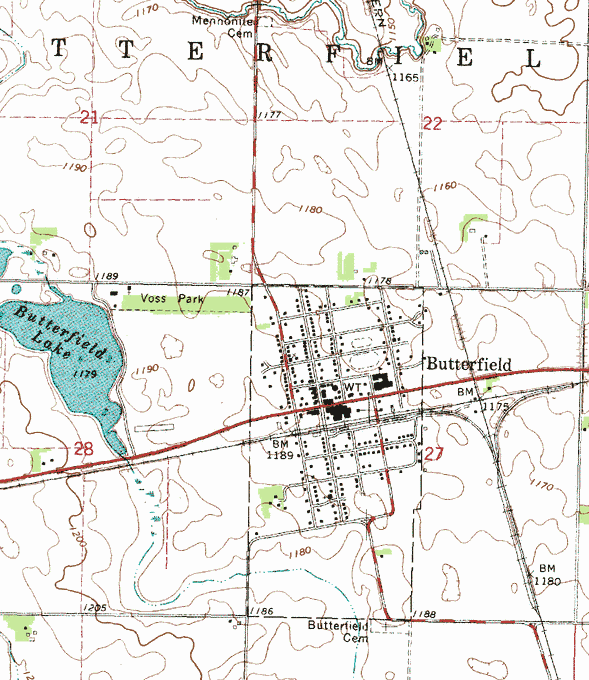 Topographic map of the Butterfield Minnesota area