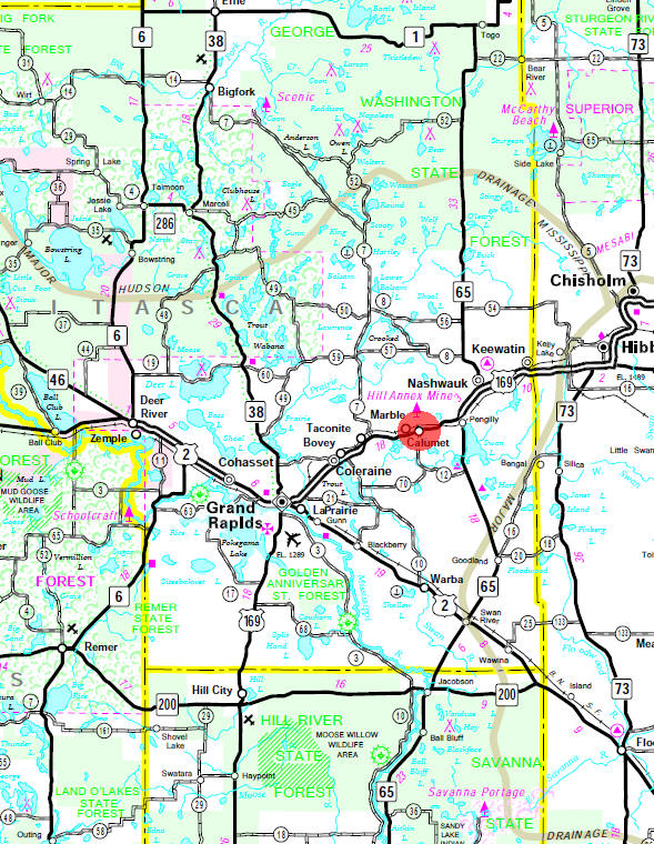 Minnesota State Highway Map of the Calumet Minnesota area