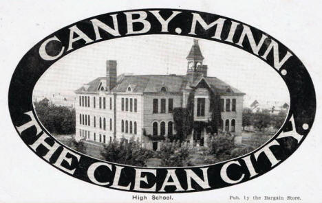 Postcard showing Canby Minnesota High School, 1908