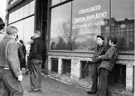 Ojibway Indians protesting the proposed move of the consolidated Chippewa Agency headquarters from Cass Lake to Duluth, 1938