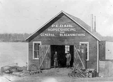 Peter E. Dahl, blacksmith shop, Center City Minnesota, 1910