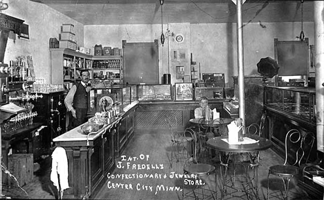 Interior of J. Fredell's Confectionary and Jewelry Store, Center City Minnesota, 1910
