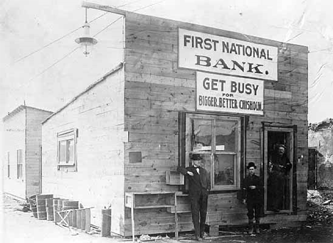 First National Bank in temporary building, after 1908 fire, Chisholm