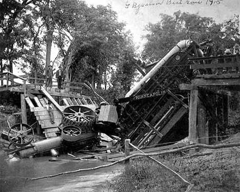 Wreck of a threshing machine, Sand Hill River near Climax Minnesota, 1905