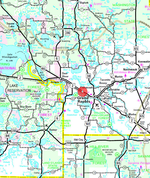 Minnesota State Highway Map of the Cohasset Minnesota area